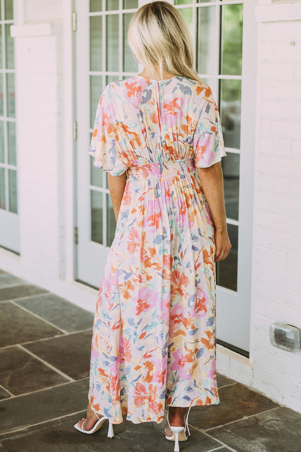 Multicolor Tropical Floral Ruched V Neck Maxi Dress