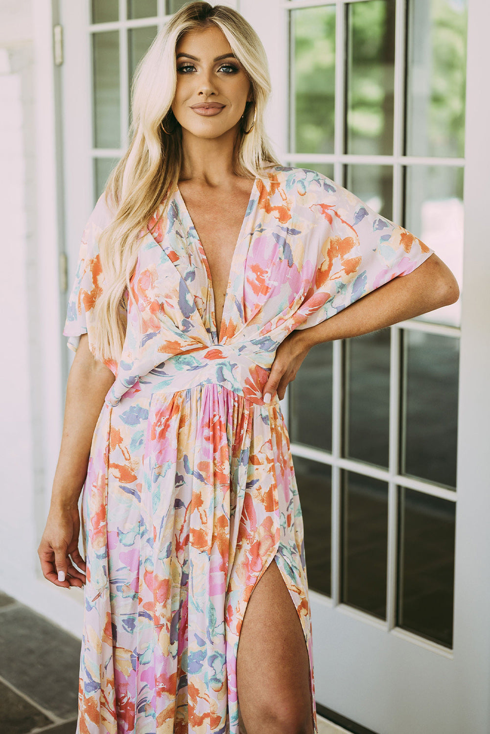 Multicolor Tropical Floral Ruched V Neck Maxi Dress