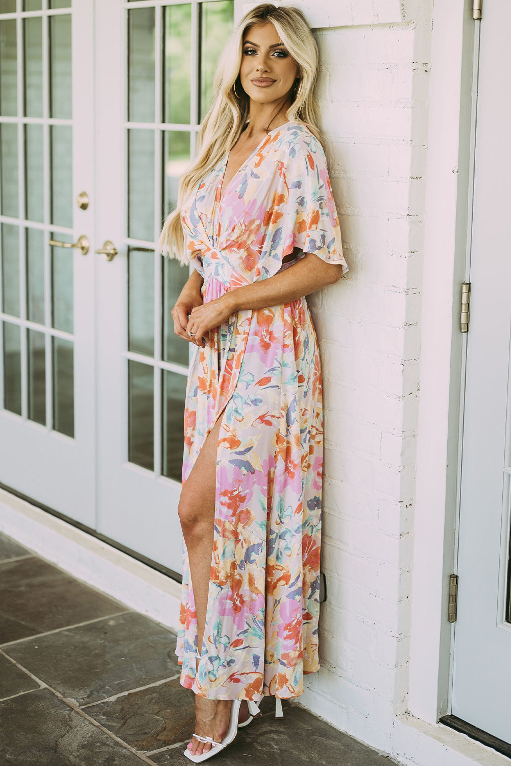 Multicolor Tropical Floral Ruched V Neck Maxi Dress