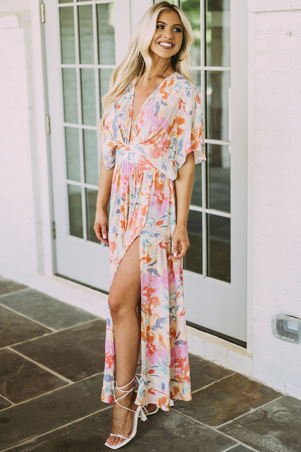 Multicolor Tropical Floral Ruched V Neck Maxi Dress