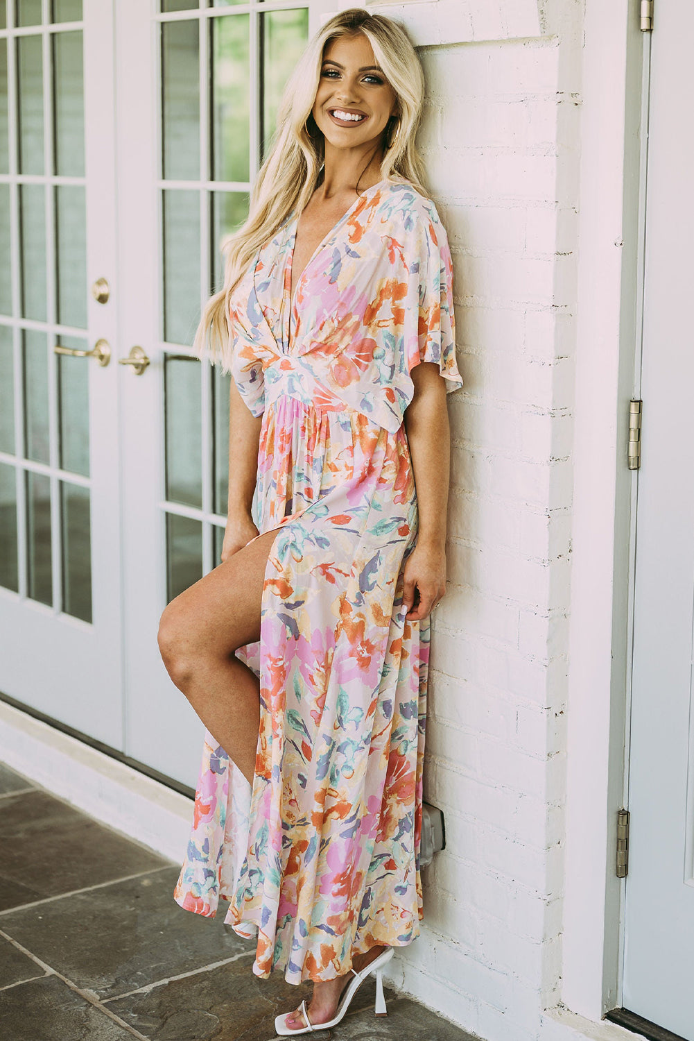 Multicolor Tropical Floral Ruched V Neck Maxi Dress