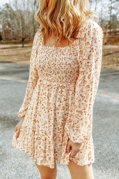 Boho Floral Smocked Puff Sleeve Mini Dress