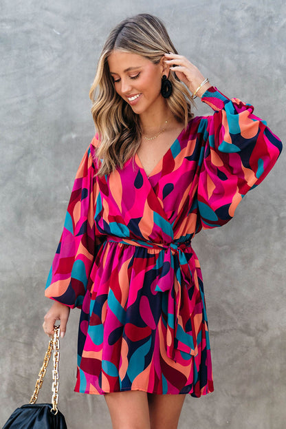 Abstract Puff Sleeve Mini Dress