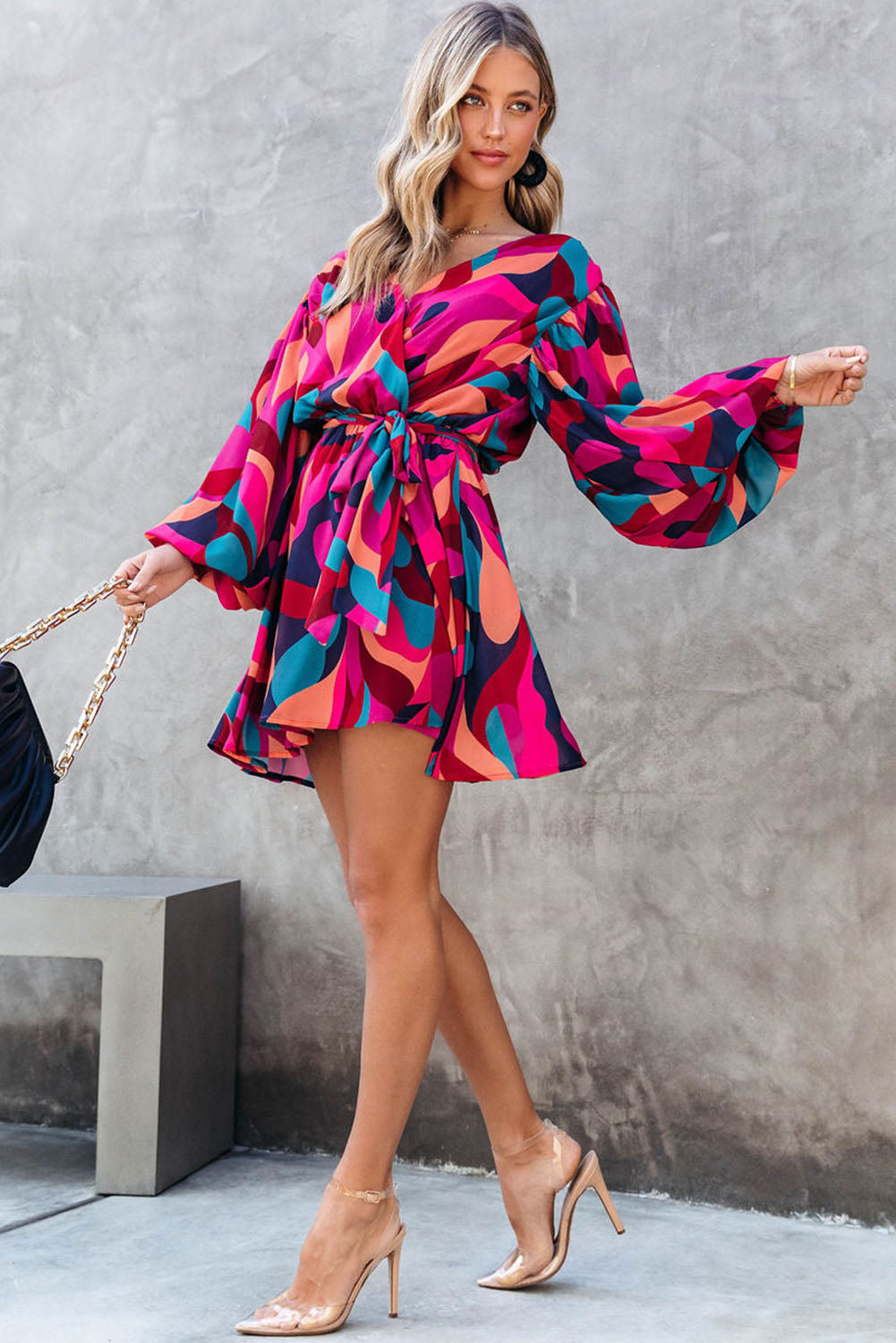 Abstract Puff Sleeve Mini Dress