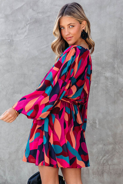 Abstract Puff Sleeve Mini Dress