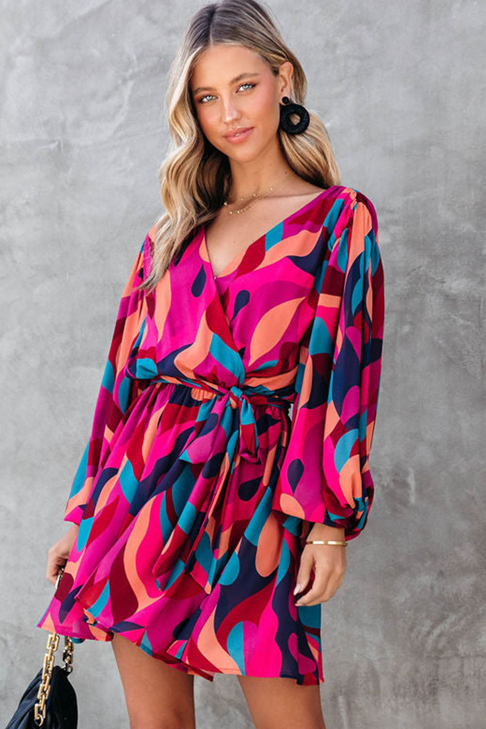 Abstract Puff Sleeve Mini Dress