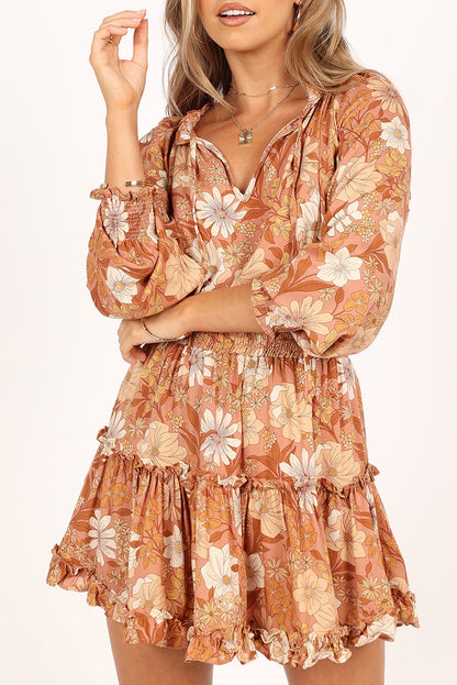 Camel Lace up Tunic Floral Dress