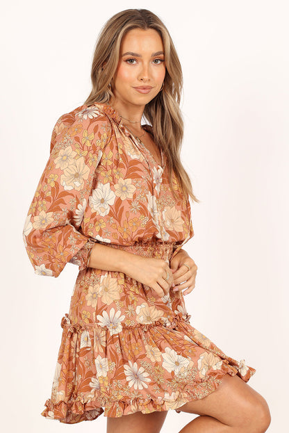 Camel Lace up Tunic Floral Dress