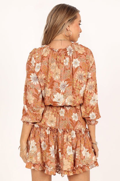 Camel Lace up Tunic Floral Dress