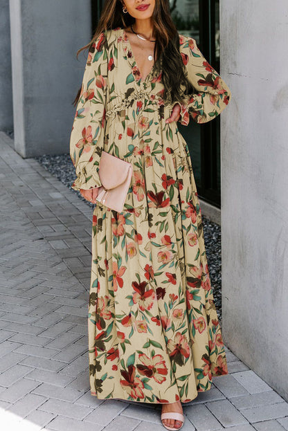 Beige Wild Lotus Ruffle Tiered Maxi Dress