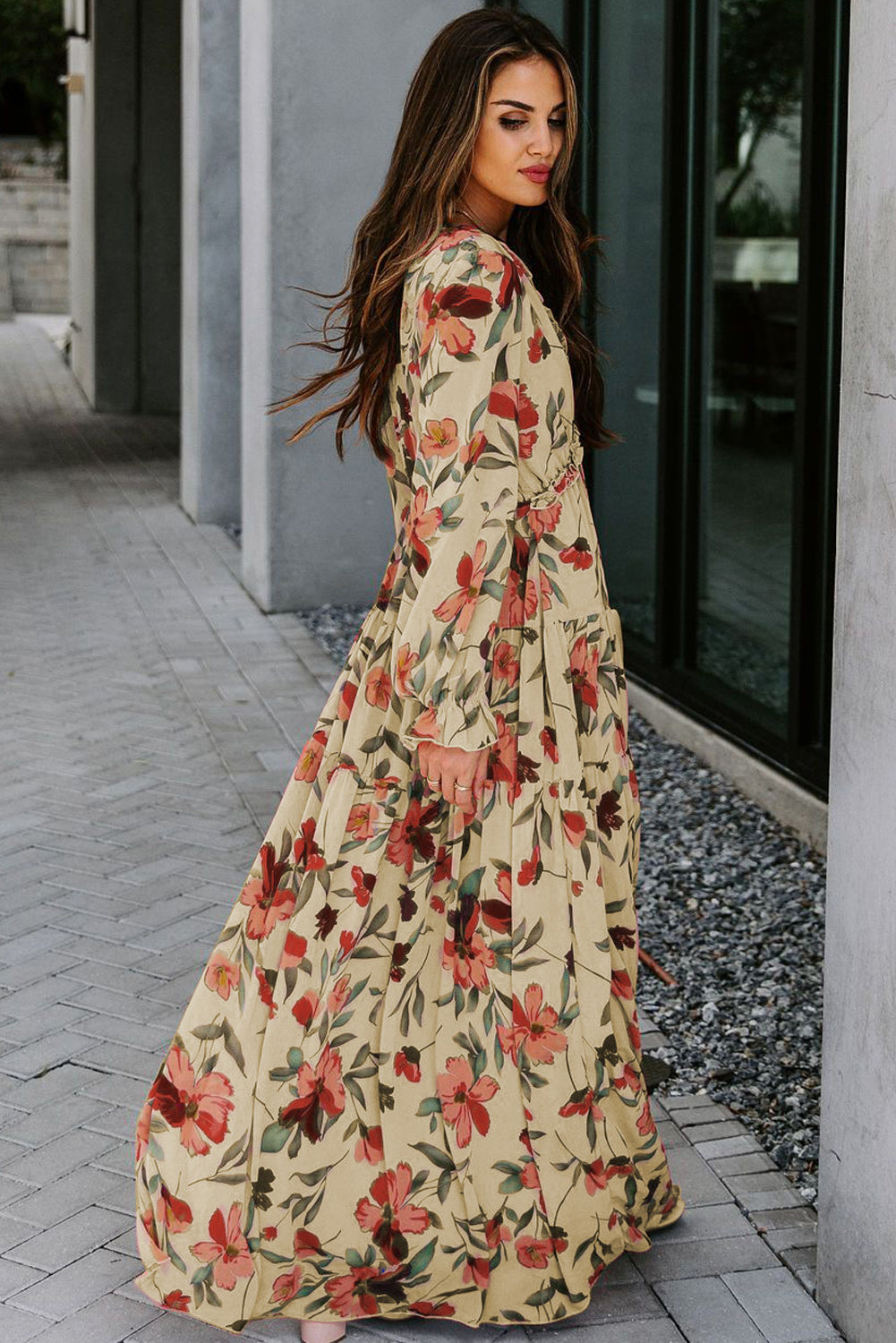 Beige Wild Lotus Ruffle Tiered Maxi Dress