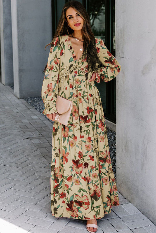 Beige Wild Lotus Ruffle Tiered Maxi Dress