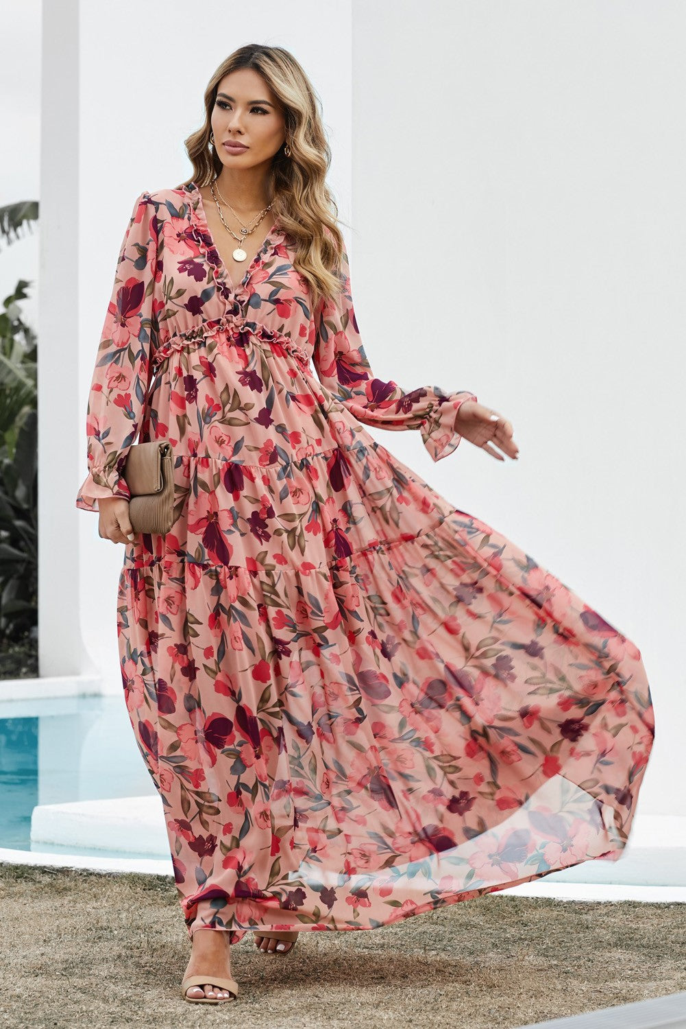 Pink Wild Lotus Ruffle Tiered Maxi Dress