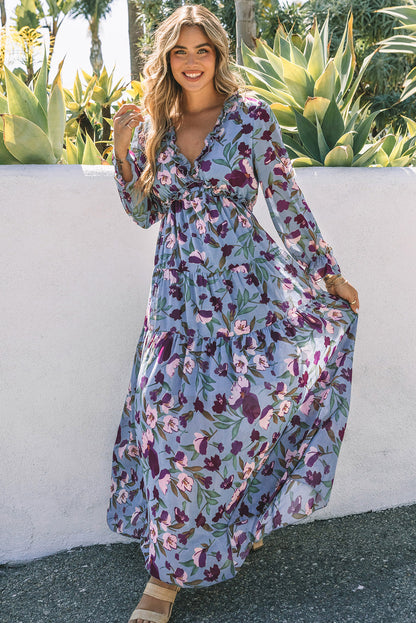 Purple Wild Lotus Ruffle Tiered Maxi Dress