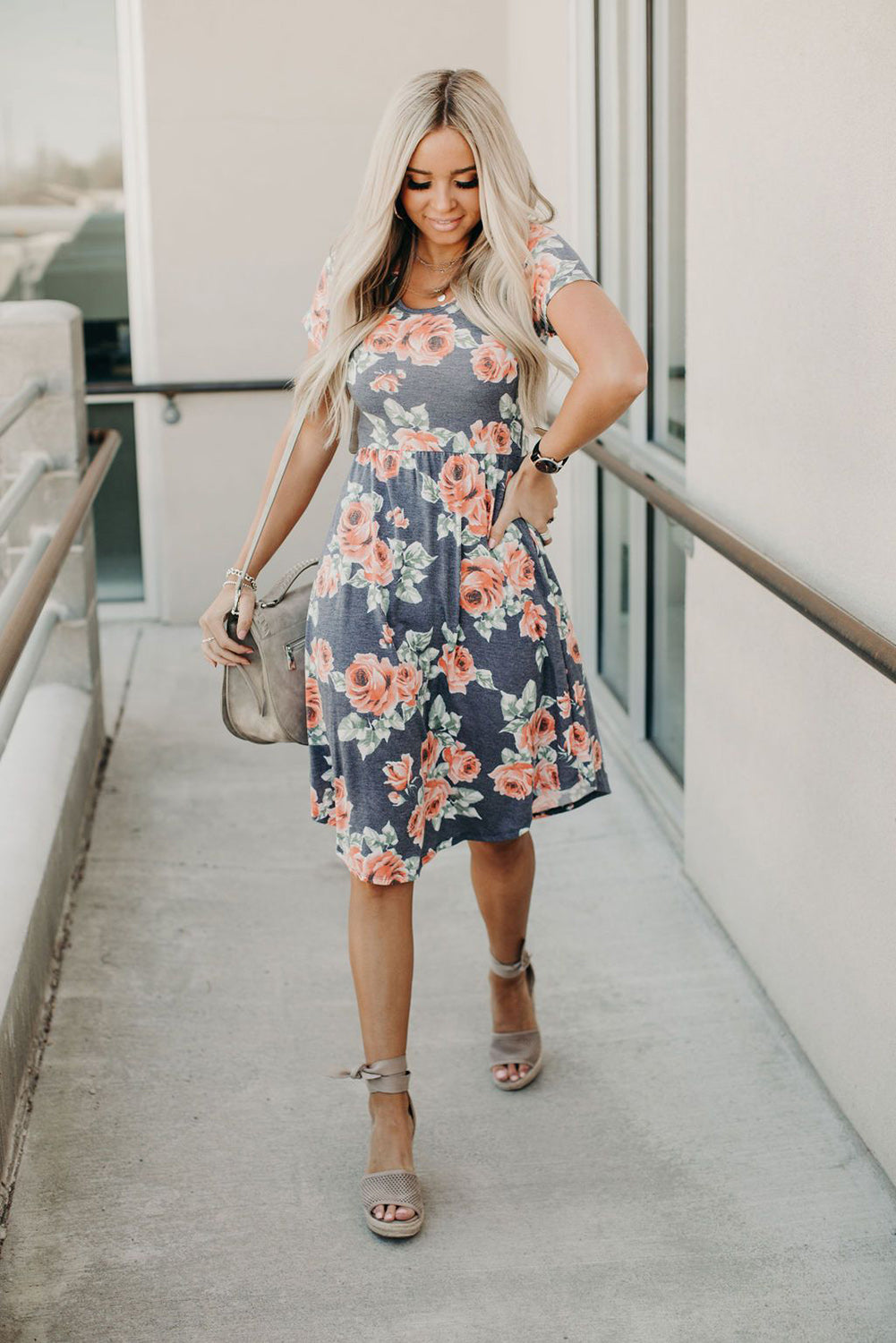 Floral Print Midi Short Sleeve Dress