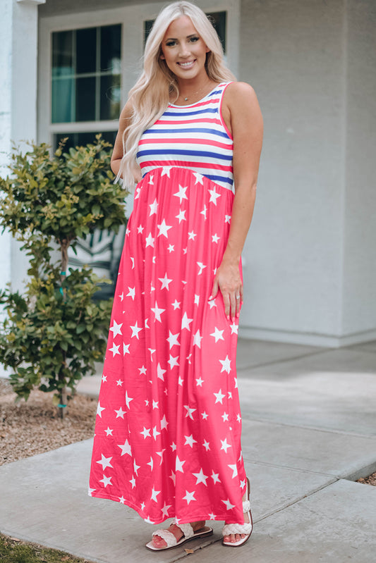 Red Stars and Stripes Print Sleeveless Maxi Dress