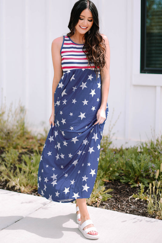 Blue Stars and Stripes Print Sleeveless Maxi Dress