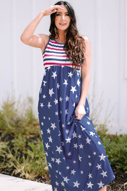 Blue Stars and Stripes Print Sleeveless Maxi Dress