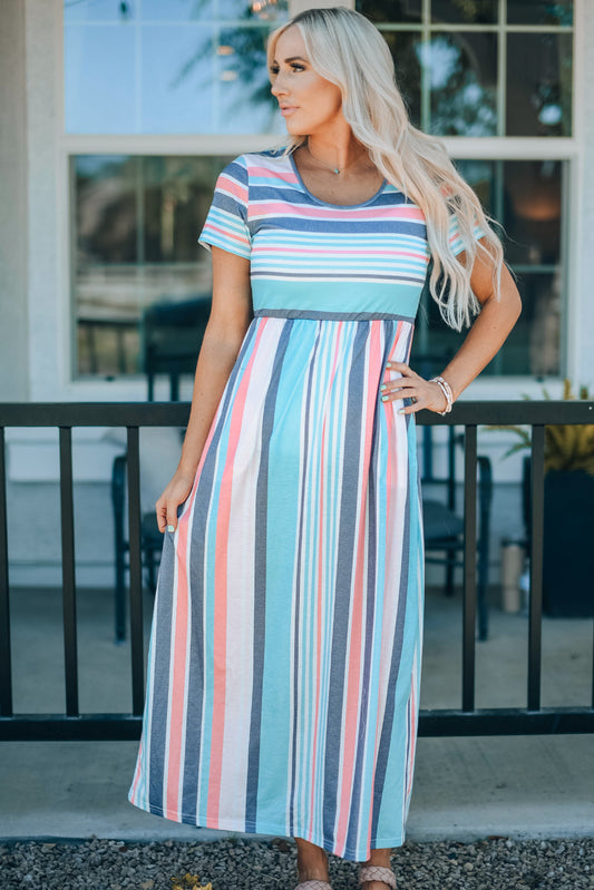 Stripe Mixed Printed Short Sleeve Midi Dress