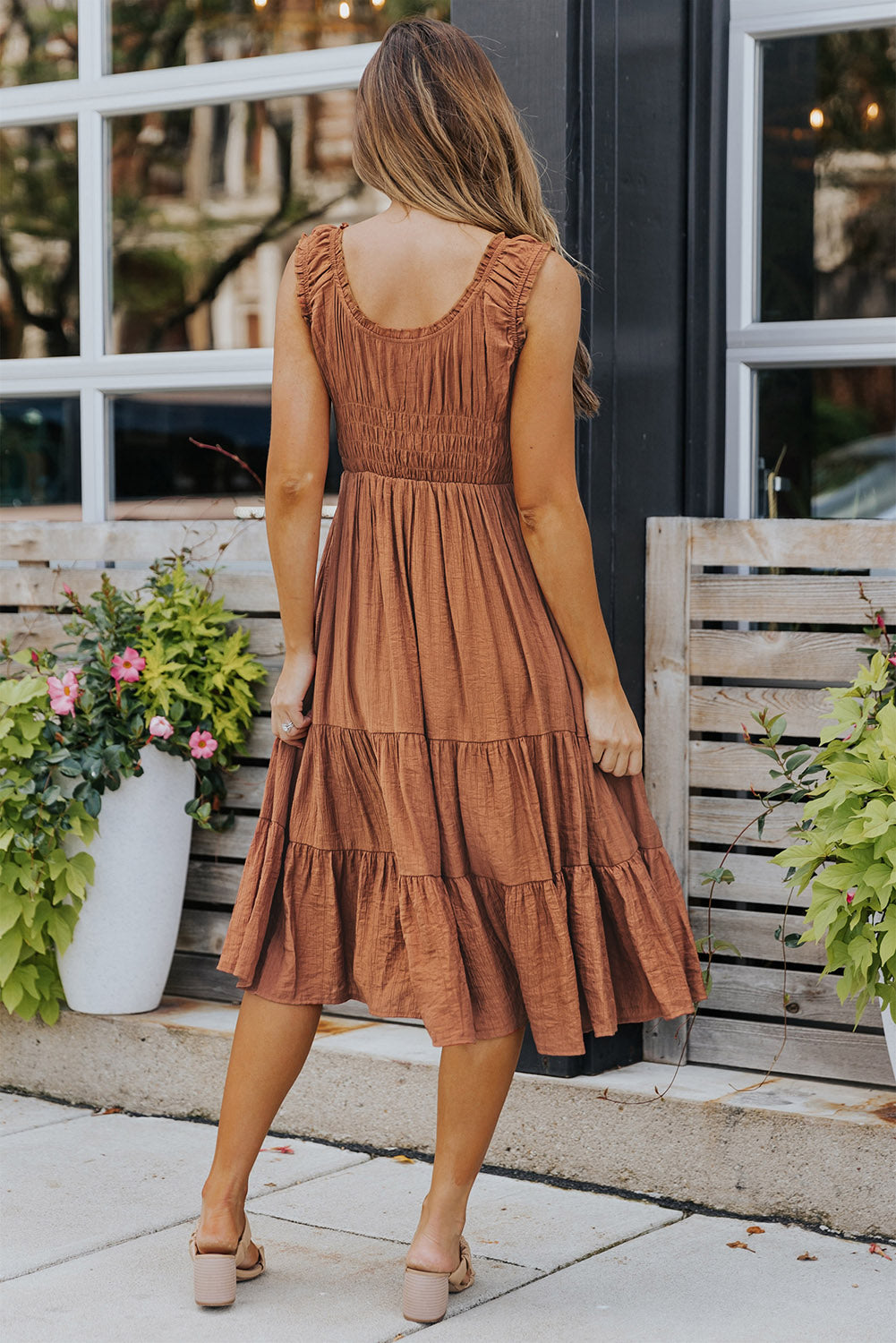 Smocked Ruched Sleeveless High Waist Midi Dress