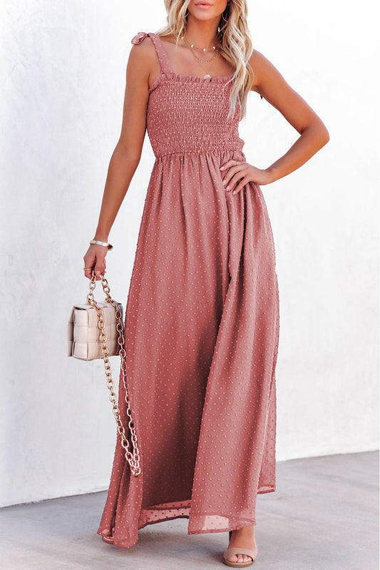 Pink Swiss Dot Knotted Shoulder Smocked Maxi Dress