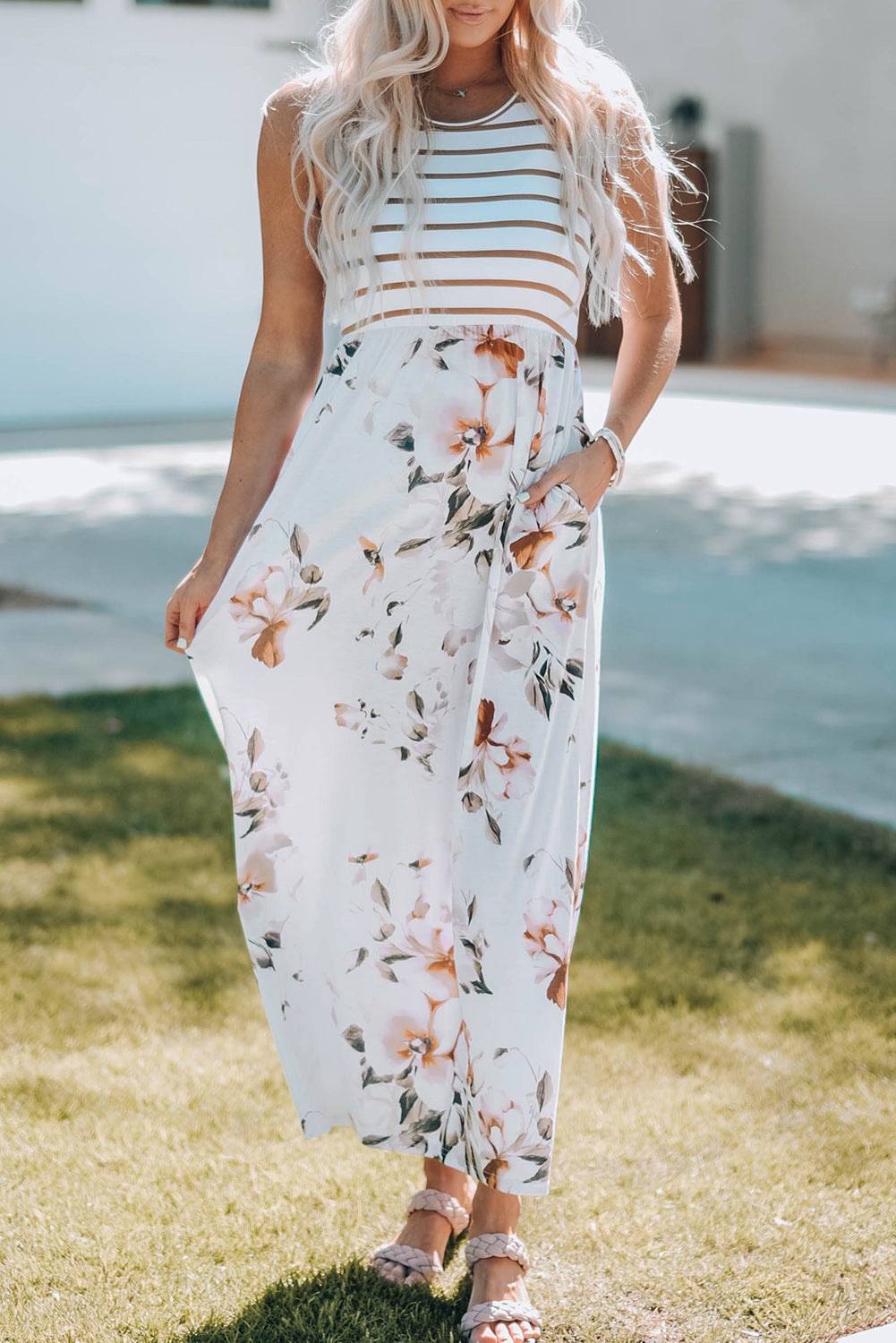 Floral Striped Sleeveless Maxi Dress