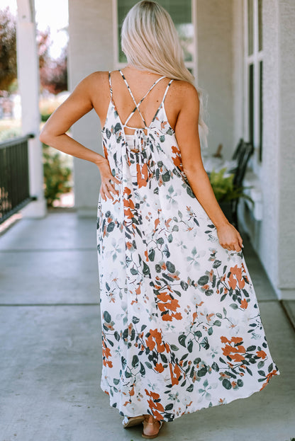 Floral Crisscross Backless Maxi Dress