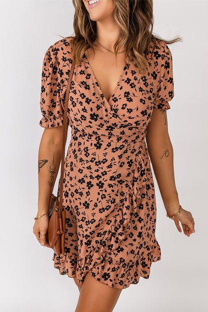 Floral V Neck Ruffled Mini Dress