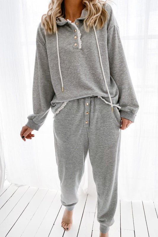 Lace Trim Drop Shoulder Hoodie and Pants Set
