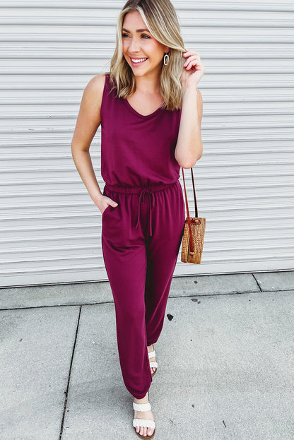 Elastic Waist Sleeveless Jumpsuit with Long Cardigan