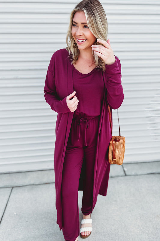 Elastic Waist Sleeveless Jumpsuit with Long Cardigan