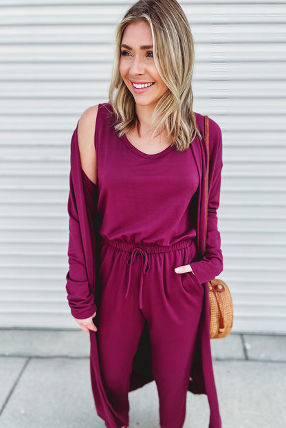 Elastic Waist Sleeveless Jumpsuit with Long Cardigan
