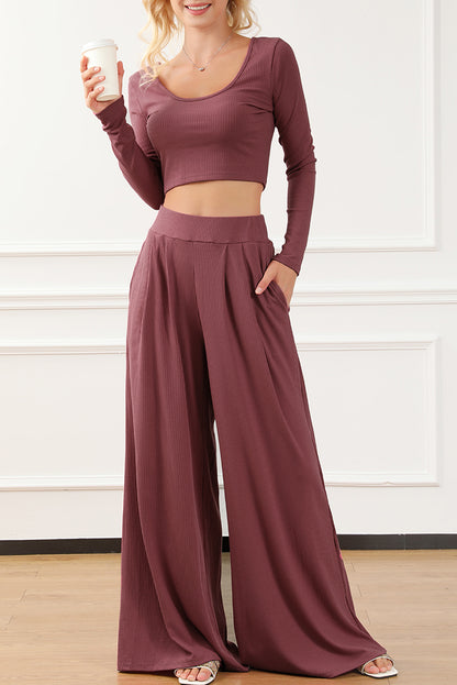 Ribbed Crop Top Long Pants Set