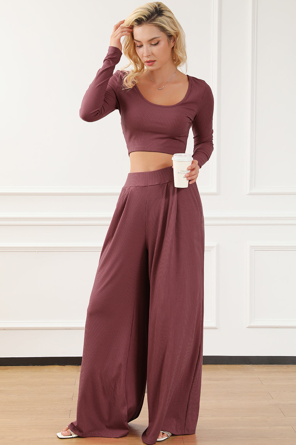 Ribbed Crop Top Long Pants Set