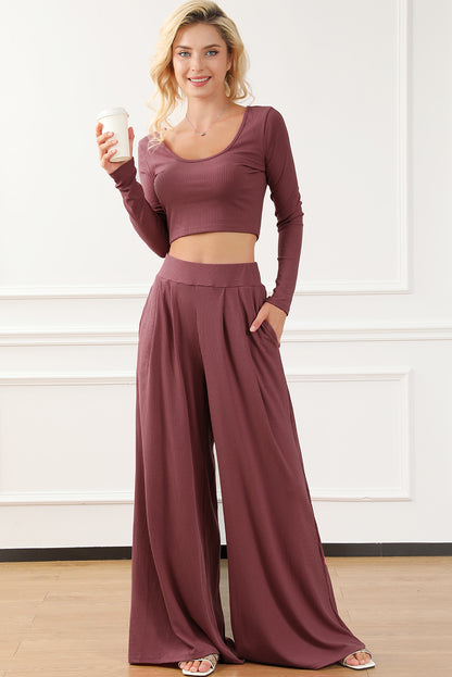 Ribbed Crop Top Long Pants Set