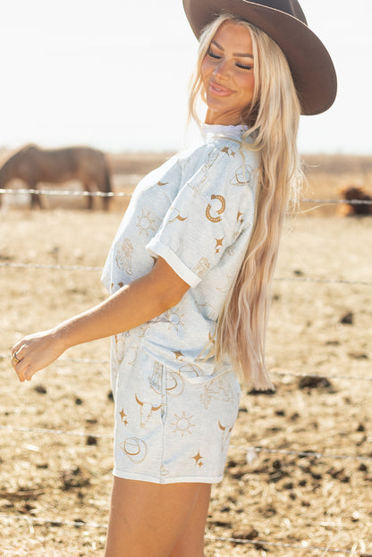 Western Fashion Printed T Shirt Elastic Waist Shorts Set