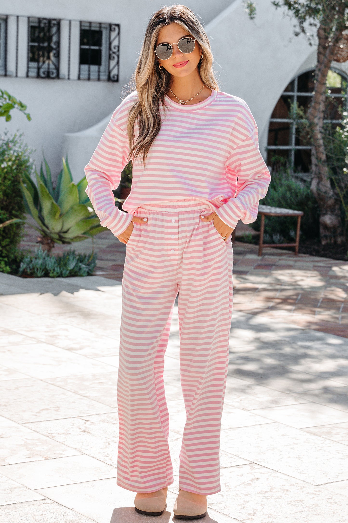 Pink Stripe Drop Shoulder Top and Pants Set