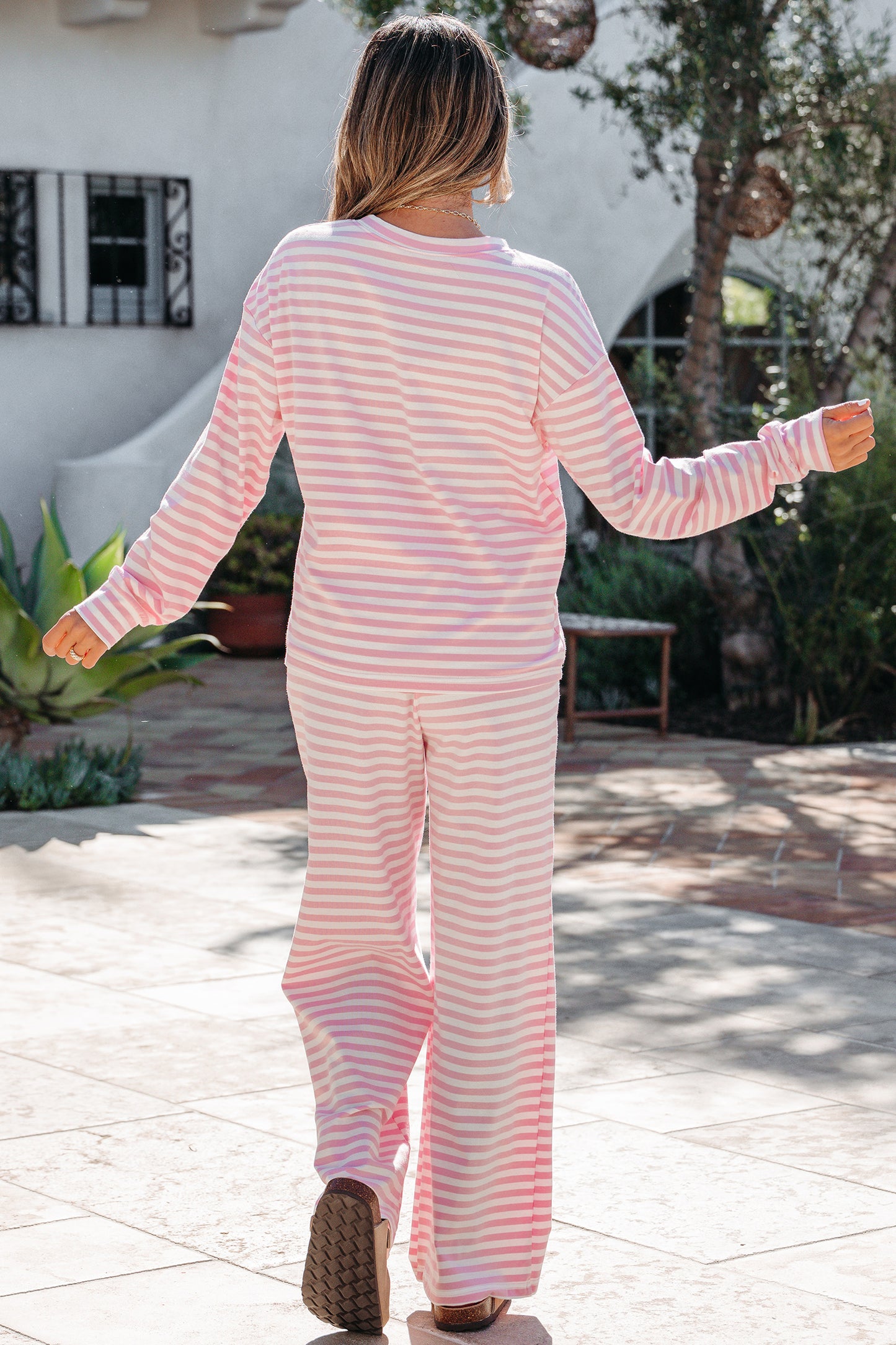 Pink Stripe Drop Shoulder Top and Pants Set