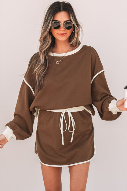 Coffee Contrast Loose Pullover and Skort Set