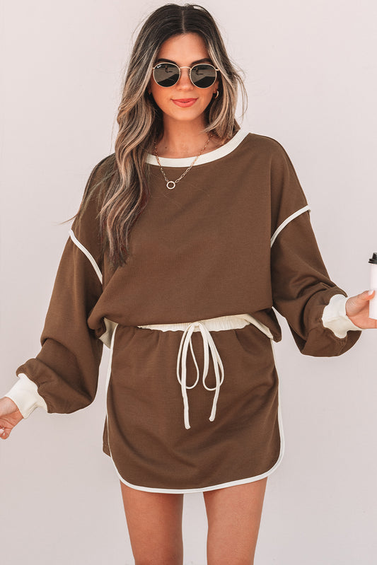 Coffee Contrast Loose Pullover and Skort Set