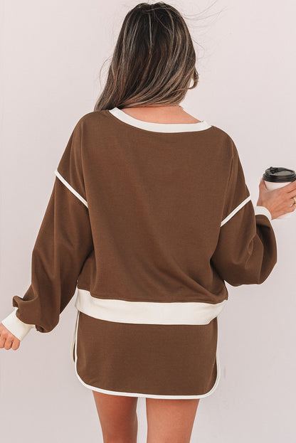 Coffee Contrast Loose Pullover and Skort Set