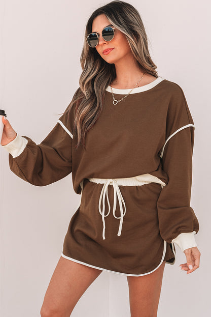 Coffee Contrast Loose Pullover and Skort Set