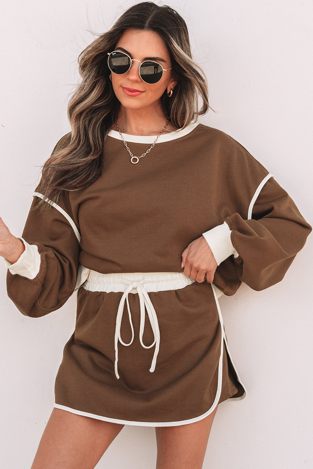 Coffee Contrast Loose Pullover and Skort Set