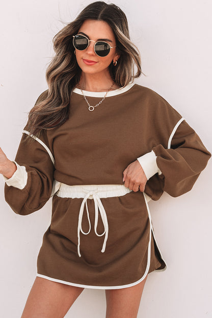 Coffee Contrast Loose Pullover and Skort Set
