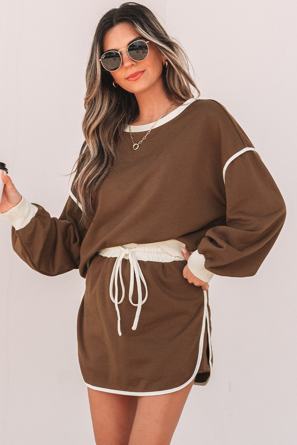 Coffee Contrast Loose Pullover and Skort Set