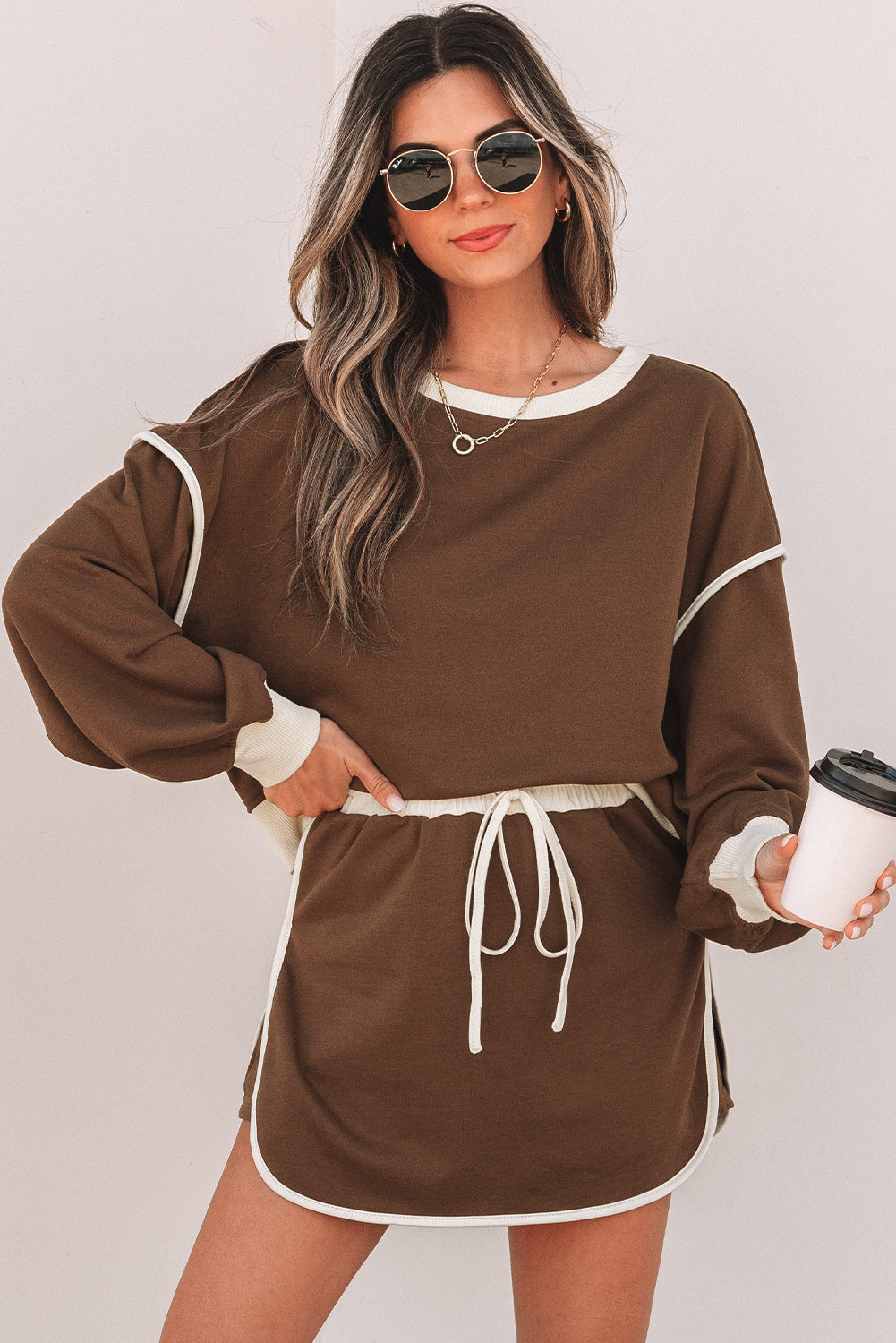 Coffee Contrast Loose Pullover and Skort Set