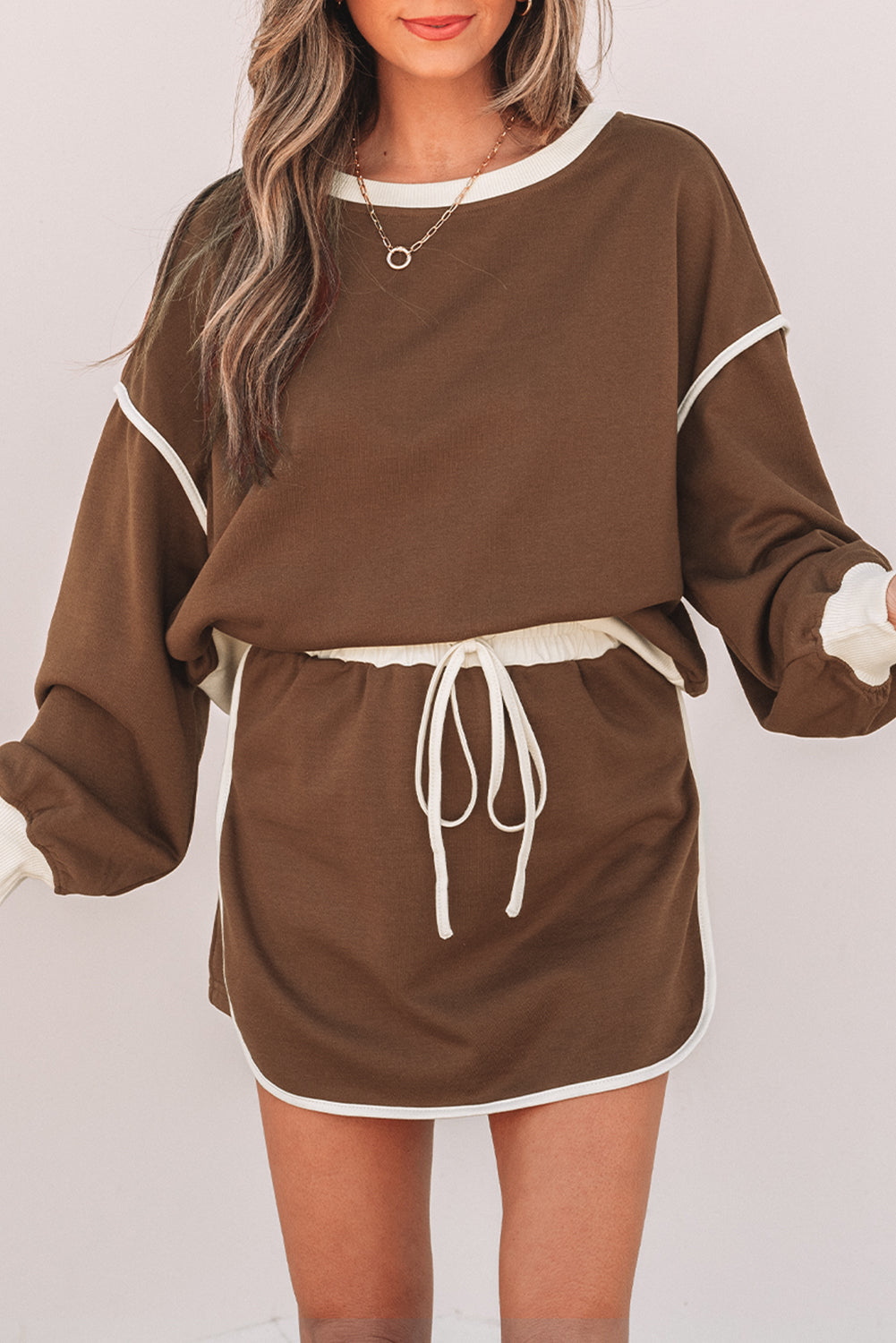 Coffee Contrast Loose Pullover and Skort Set