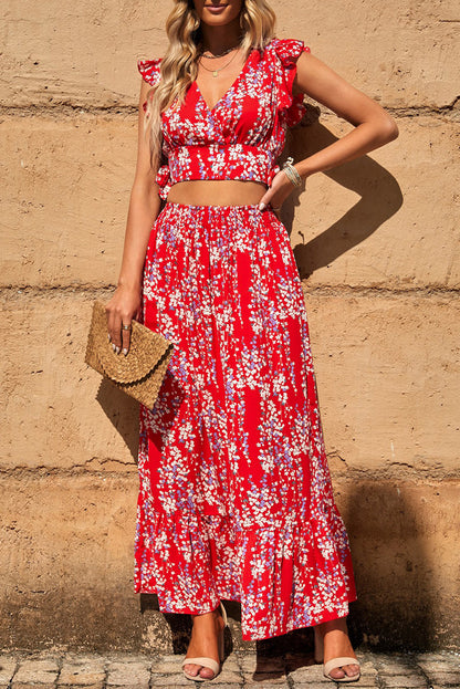 Floral Ruffled Crop Top and Maxi Skirt Set