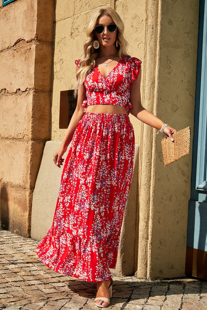 Floral Ruffled Crop Top and Maxi Skirt Set