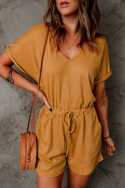 Ribbed Elastic Drawstring Waist Romper